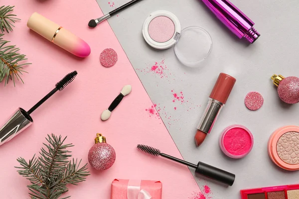 Composition Makeup Cosmetics Christmas Decor Color Background — Stock Photo, Image