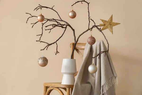 Christmas Decoration Tree Branches Festive Balls White Vase Beige Wall — Stock Photo, Image