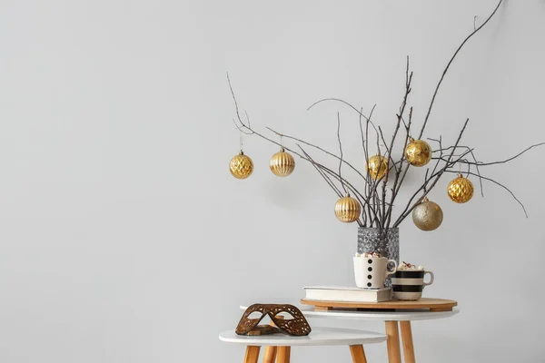 Christmas Decoration Tree Branches Golden Balls Vase Coffee Table Grey — Stock Photo, Image