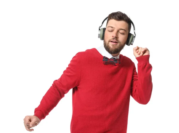 Young Man Headphones Dancing White Background — Stock Photo, Image