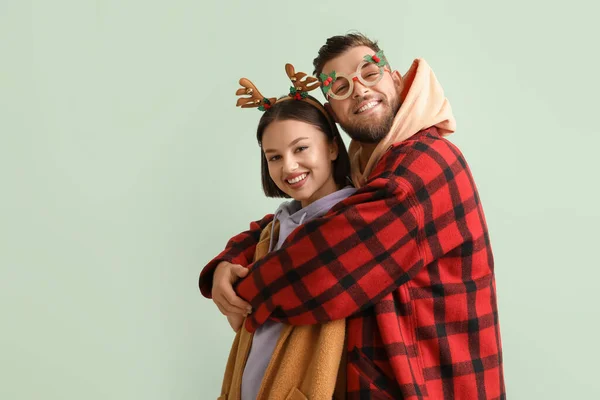 Happy Young Couple Stylish Winter Clothes Christmas Decor Light Background — Stock Photo, Image