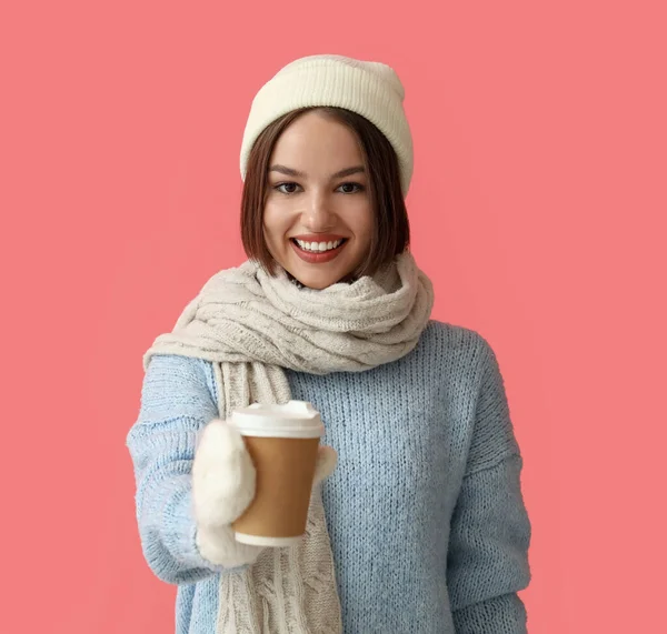Young Woman Stylish Winter Clothes Cup Coffee Color Background — Stock Photo, Image