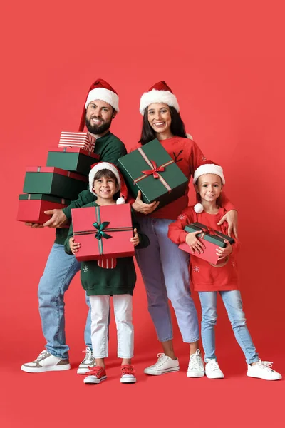 Bonne Famille Chapeaux Noël Avec Des Cadeaux Noël Sur Fond — Photo