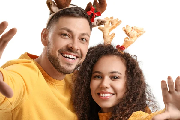 Happy Couple Deer Horns White Background — Stock Photo, Image