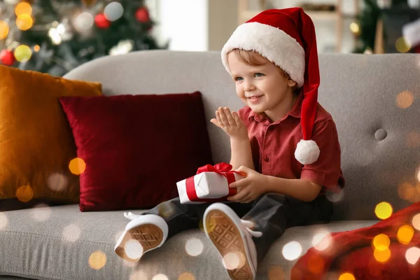 Little Boy Santa Hat Gift Home Christmas Eve — Stock Photo, Image