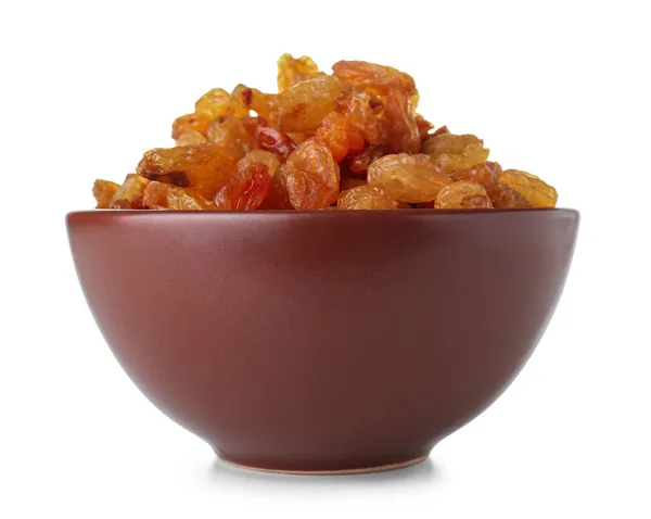 Bowl Sweet Dried Raisins White Background — Stock Photo, Image