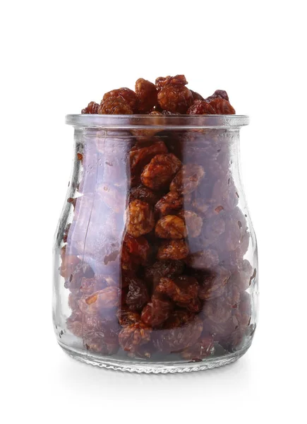 Glass Jar Tasty Raisins White Background — Stock Photo, Image