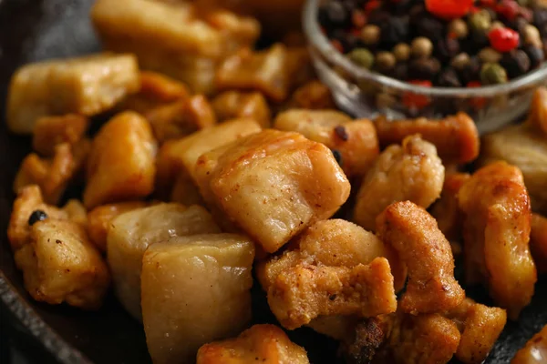 Tasty Cracklings Frying Pan Closeup — Stock Photo, Image