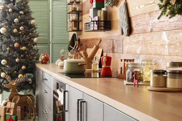 Panela Cozinha Fogão Cozinha Decorada Para Natal — Fotografia de Stock
