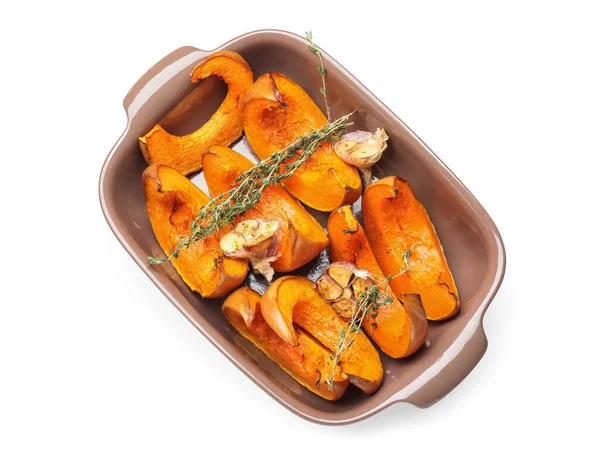 Dish Baked Pumpkin Pieces White Background — Stock Photo, Image