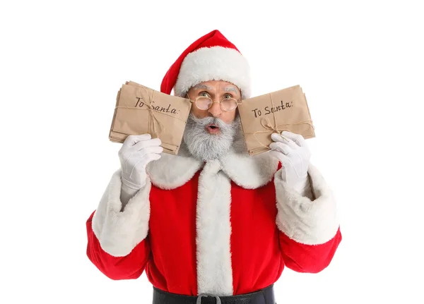 Surprised Santa Claus Letters White Background — Stock Photo, Image