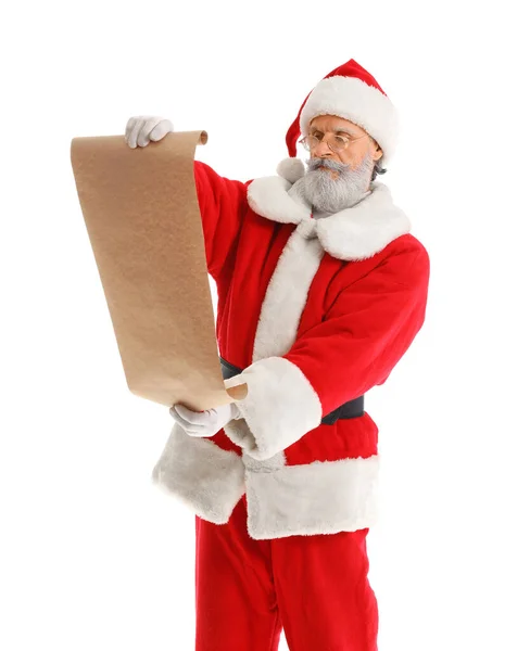 Santa Claus Czytanie Listy Życzeń Izolowane Białym — Zdjęcie stockowe