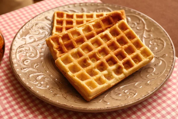 Plate Tasty Belgian Waffles Table Cafe — Stock Photo, Image