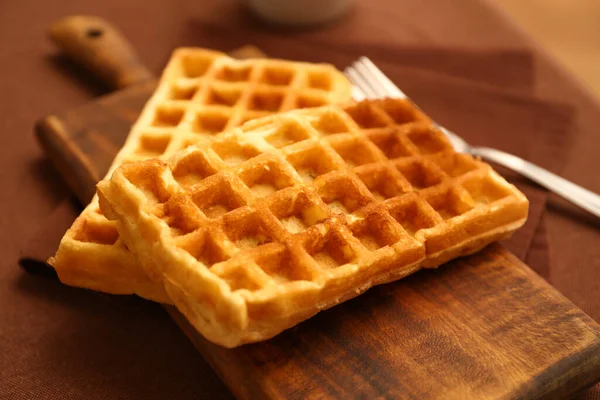 Wooden Board Tasty Belgian Waffles Table Cafe — Stock Photo, Image