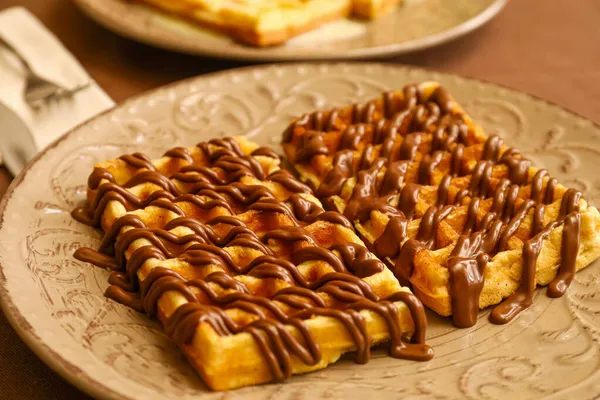 Plate Tasty Belgian Waffles Chocolate Table Cafe Closeup — Stock Photo, Image