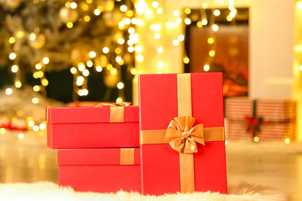 Christmas Gift Boxes Floor Living Room — Stock Photo, Image