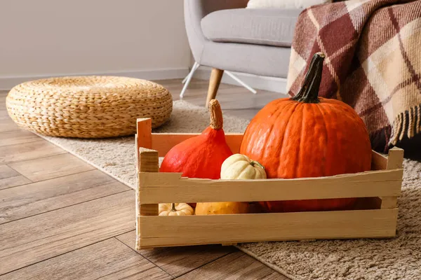 Wooden Box Fresh Pumpkins Room — Stock Photo, Image