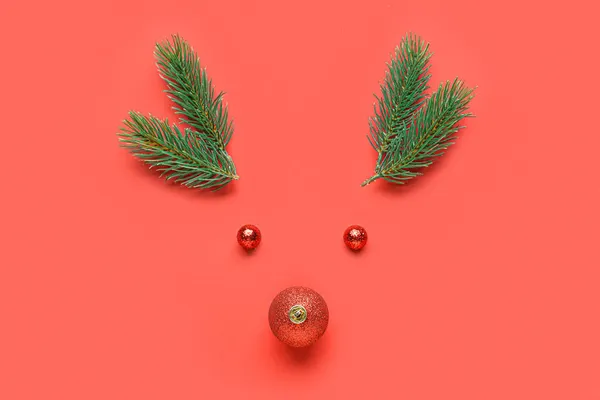 Creative Composition Reindeer Face Made Christmas Balls Fir Branches Red — Stock Photo, Image