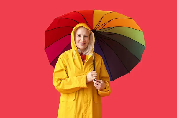 Beautiful Mature Woman Raincoat Umbrella Color Background — Stock Photo, Image