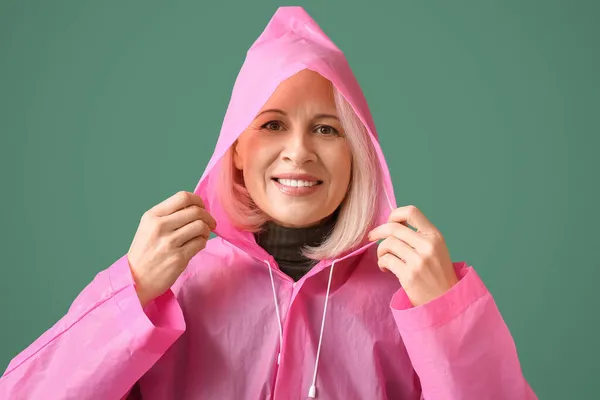 Beautiful Mature Woman Raincoat Color Background — Stock Photo, Image