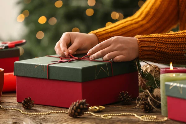 Woman Decorating Christmas Gift Box Table Indoors — Stock Photo, Image