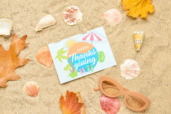 Dry Leaves Seashells Sunglasses Paper Card Text Happy Thanksgiving Sand — Stock Photo, Image