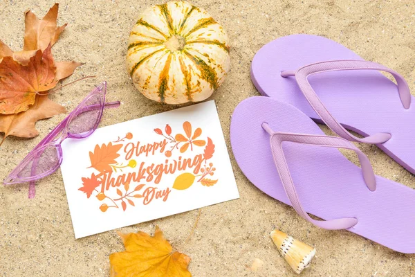 Dry Leaves Sunglasses Pumpkin Flip Flops Paper Card Text Happy — Stock Photo, Image