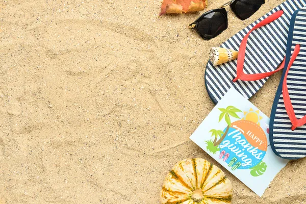 Dry Leaf Seashell Sunglasses Flip Flops Pumpkin Paper Card Text — Stock Photo, Image