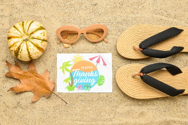 Pumpkin Dry Leaf Sunglasses Flip Flops Paper Card Text Happy — Stock Photo, Image