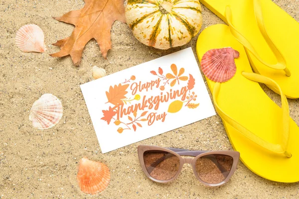 Seashells Dry Leaf Pumpkin Flip Flops Sunglasses Paper Card Text — Stock Photo, Image