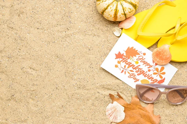 Pumpkin Flip Flops Seashells Dry Leaf Sunglasses Paper Card Text — Stock Photo, Image