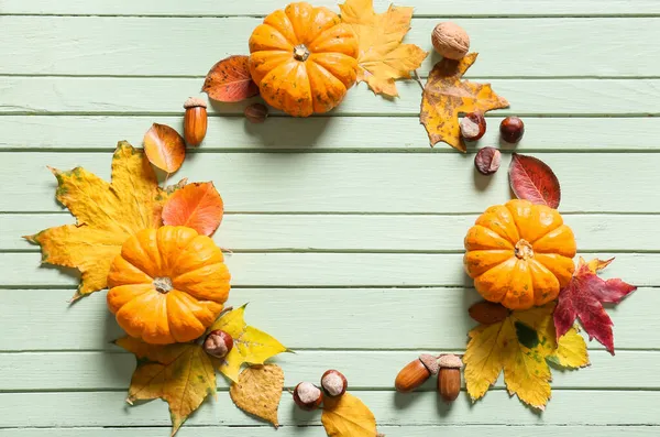 Frame Made Ripe Pumpkins Autumn Leaves Acorns Chestnuts Color Wooden — Stock Photo, Image