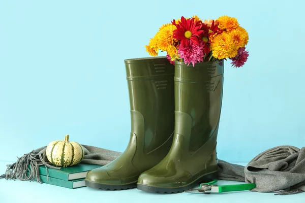 Composition Rubber Boots Flowers Books Secateurs Color Background — Stock Photo, Image