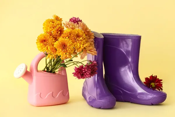 Pair Rubber Boots Flowers Watering Can Color Background — Stock Photo, Image