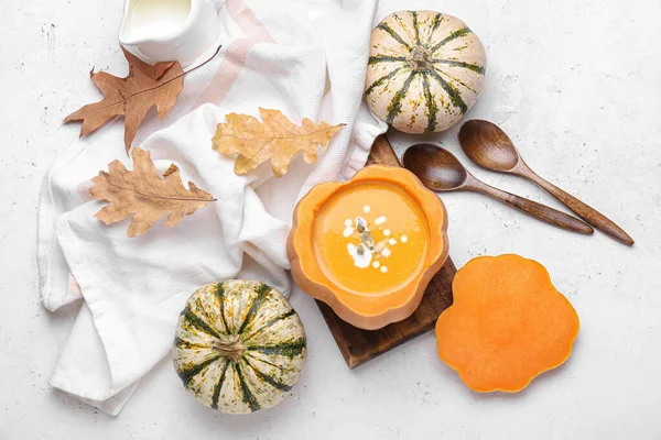 Tasty Soup Served Pumpkin White Background — Stock Photo, Image