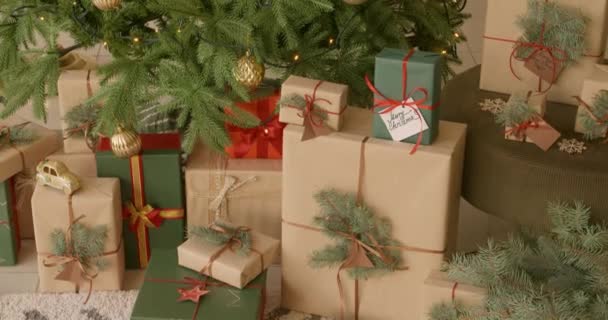 居間のクリスマスツリーの下に多くの贈り物 — ストック動画