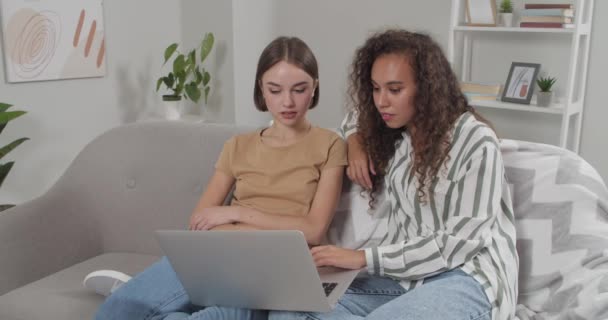 Jovens Mulheres Com Laptop Sentado Sofá Casa — Vídeo de Stock