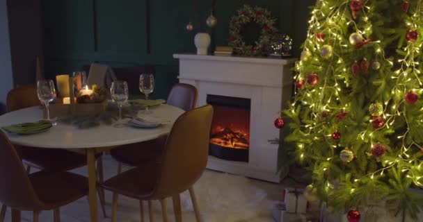 设有圣诞大餐餐桌的漂亮客厅的内部 — 图库视频影像