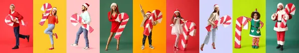 Grupo Personas Con Piñata Bastón Caramelo Sobre Fondo Color —  Fotos de Stock