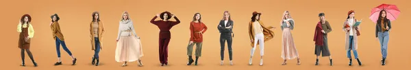 色の背景に秋の服でスタイリッシュな女性のグループ — ストック写真