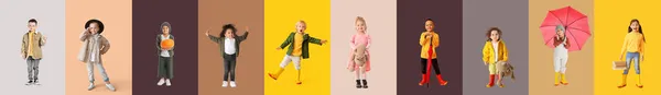 Sonbahar Kıyafetleri Içinde Renkli Arka Planda Şık Çocuklar Grubu — Stok fotoğraf