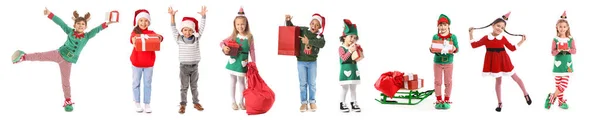 Söta Små Barn Bär Juldräkter Vit Bakgrund — Stockfoto