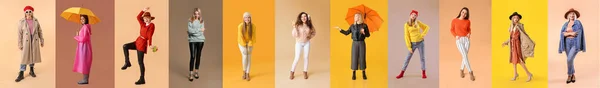 Grupp Snygga Kvinnor Höst Kläder Färg Bakgrund — Stockfoto