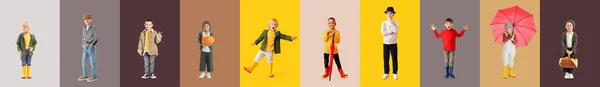 Ομάδα Κομψά Μικρά Αγόρια Φθινοπωρινά Ρούχα Στο Φόντο Χρώμα — Φωτογραφία Αρχείου