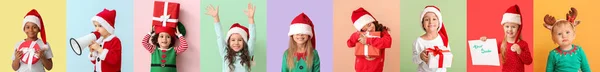 Nette Kleine Kinder Tragen Weihnachtskostüme Auf Farbigem Hintergrund — Stockfoto