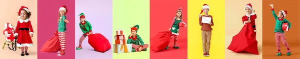 Nette Kleine Kinder Tragen Weihnachtskostüme Auf Farbigem Hintergrund — Stockfoto