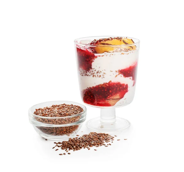 Tasty Dessert Flax Seeds Yoghurt Glass White Background — Stock Photo, Image