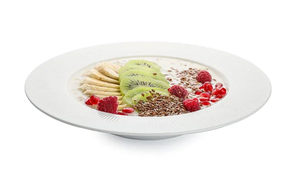 Tasty Yoghurt Fruits Flax Seeds Bowl White Background — Stock Photo, Image