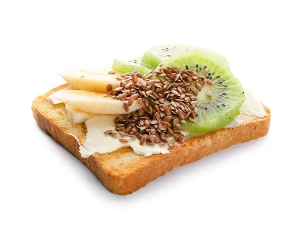 Tasty Sandwich Fruits Flax Seeds White Background — Stock Photo, Image