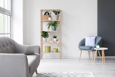 Oturma odasının iç tarafında ev bitkileri olan raf ünitesi.